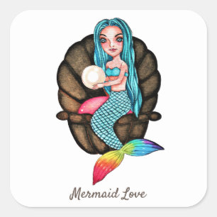 Sticker Carré Sirène Arc-En-Ciel Avec Perle En Aquarelle