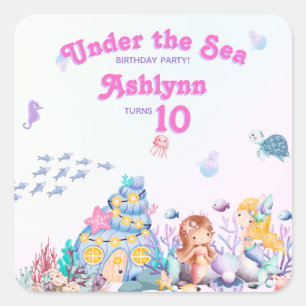 Sticker Carré Sirène Élégante Fantaisiste Douce Sous la Mer