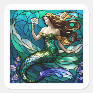 Sticker Carré Sirène en verre tendu admirant une fleur