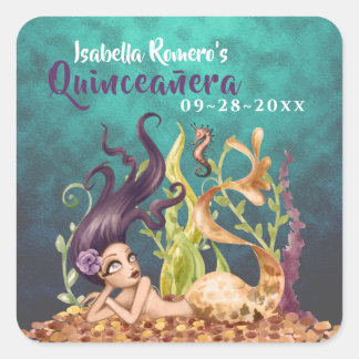 Sticker Carré Sirène et cheval de mer sous la mer Quinceañera