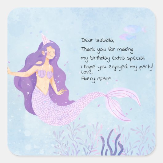 Sticker Carré Sirène rose et pourpre Anniversaire Merci (Devant)