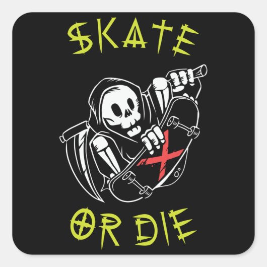 Sticker Carré Skate ou die Grim Reaper Skeleton Skateboarder (Devant)