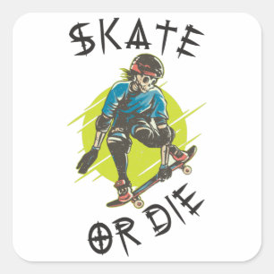 Sticker Carré Skate ou die Skeleton Skateboarder