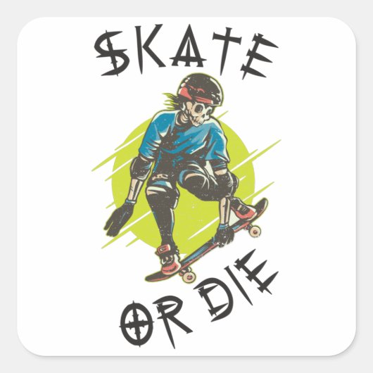 Sticker Carré Skate ou die Skeleton Skateboarder (Devant)