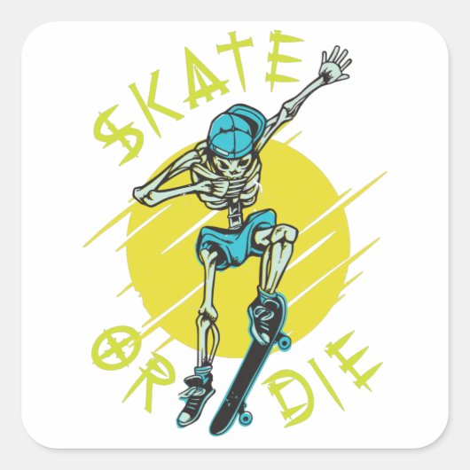 Sticker Carré Skate ou die Skeleton Skateboarder (Devant)