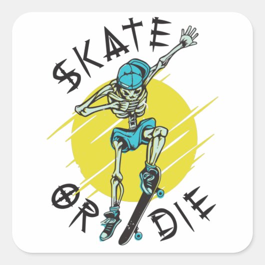 Sticker Carré Skate ou die Skeleton Skateboarder (Devant)