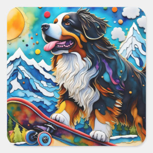 Sticker Carré Skateboard Bernese Mountain Dog