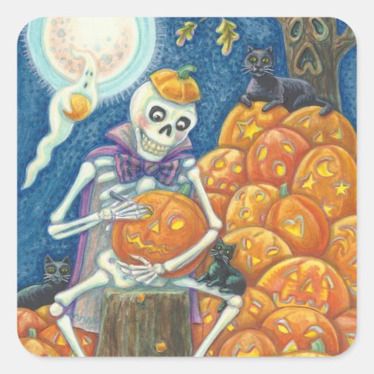 STICKER CARRÉ SKELETON, CHATS NOIRS CARVANT DES JACKS, BILLETS (Devant)