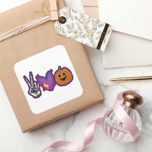 Sticker Carré Skeleton Citrouille Peace Love Halloween (Cadeaux)