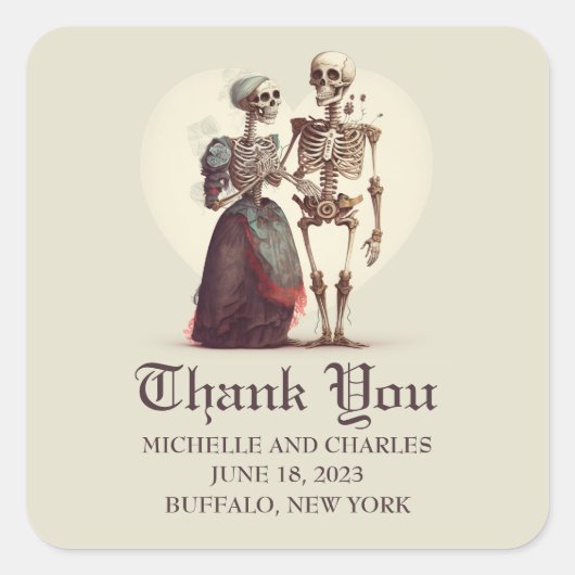 Sticker Carré Skeleton Couple Mariage Merci (Devant)