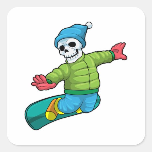 Sticker Carré Skeleton en Snowboard avec Snowboard (Devant)
