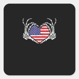 Sticker Carré Skeleton Hand Heart 4e Du Drapeau Américain Patrio