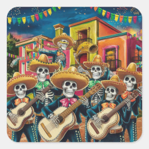 Sticker Carré Skeleton Mariachi Band Día de Los muertos