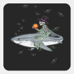 Sticker Carré Skeleton Riding Shark - Amusant cadeau Halloween S