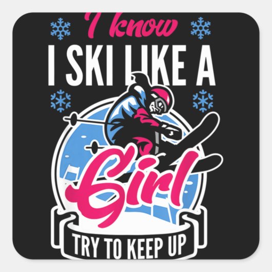 Sticker Carré Ski De Neige Femmes Ski Comme Une Fille Mignonne (Devant)