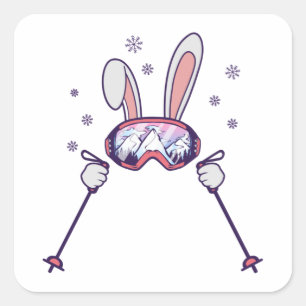 Sticker Carré Ski Rabbit avec bâtons de ski et lunettes de ski