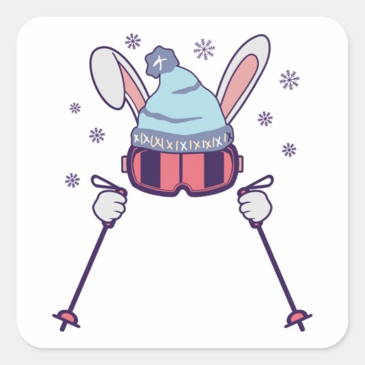 Sticker Carré Ski Rabbit avec bâtons de ski ski lunettes de ski  (Devant)