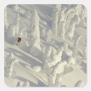 Sticker Carré Skieur alpin dans l'épais brouillard de neige à Bi