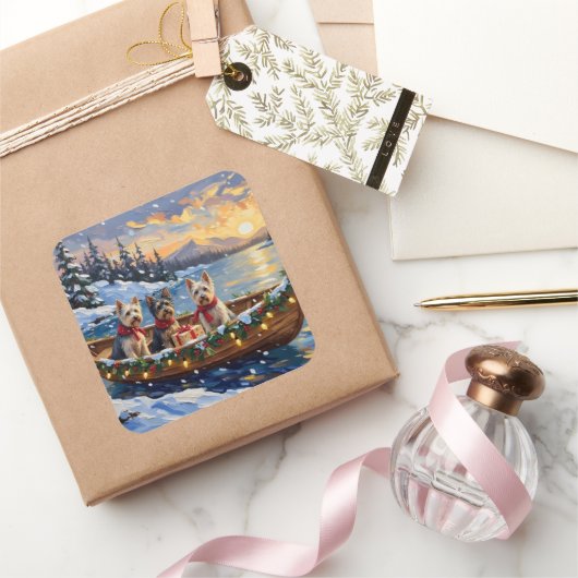 Sticker Carré Skye Terrier Christmas Boat Holiday (Cadeaux)