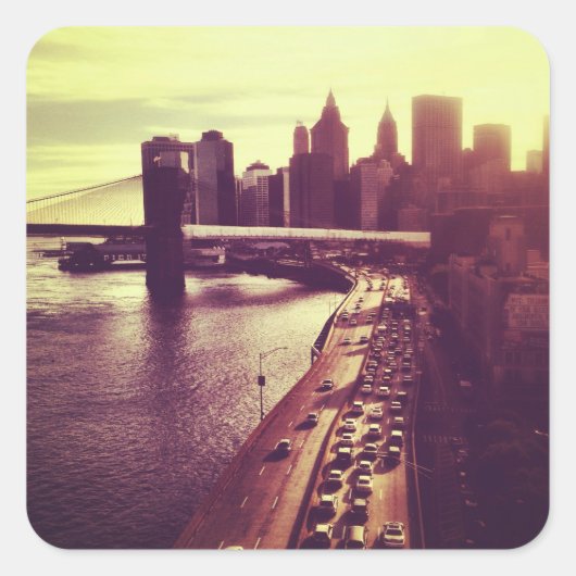 Sticker Carré Skyline Sunset - Brooklyn Bridge et NYC Cityscape (Devant)