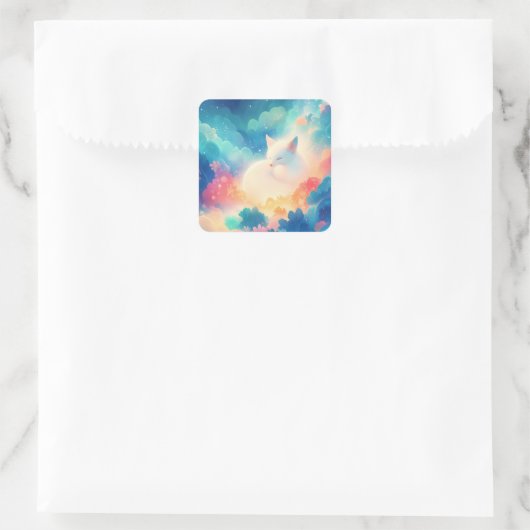 Sticker Carré Sleeping Arctic Fox in Magical Pastel Cloud (Sac)