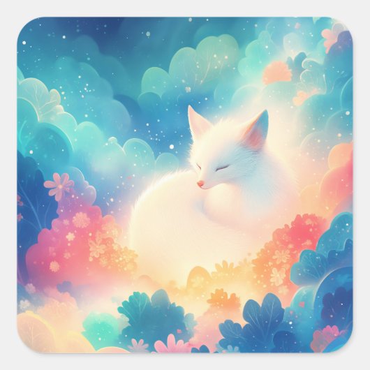 Sticker Carré Sleeping Arctic Fox in Magical Pastel Cloud (Devant)