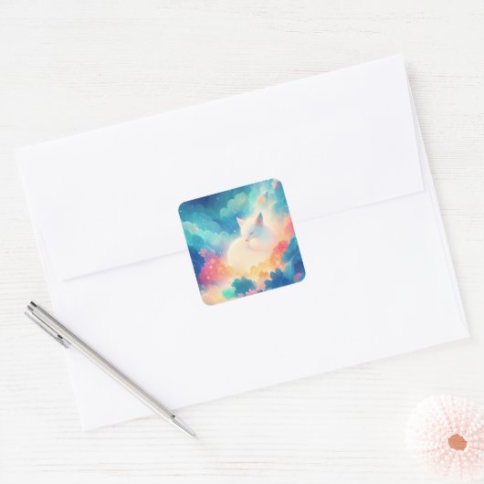 Sticker Carré Sleeping Arctic Fox in Magical Pastel Cloud (Enveloppe)