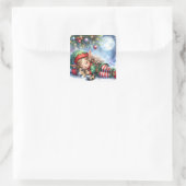 Sticker Carré Sleeping Christmas Elf with Calico Kitten (Sac)