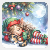 Sticker Carré Sleeping Christmas Elf with Calico Kitten (Devant)