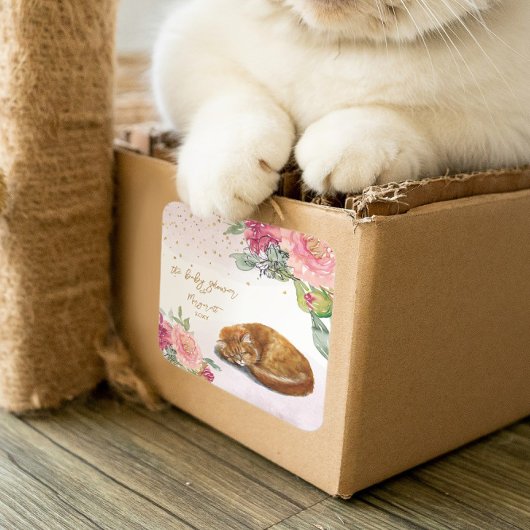 Sticker Carré Sleepy Cat Illustration Baby shower fille