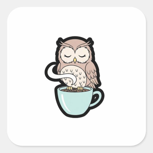 Sticker Carré Sleepy Owl on Coffee – Cute Cozy Illustration (Devant)