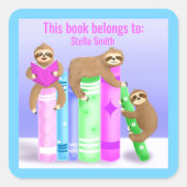 Sticker Carré Sloth Girl's Reading Books Bookplate (Devant)
