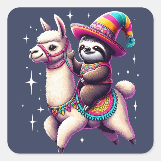 Sticker Carré Sloth Riding Sur Llama Cute Animaux Enfants Garçon (Devant)