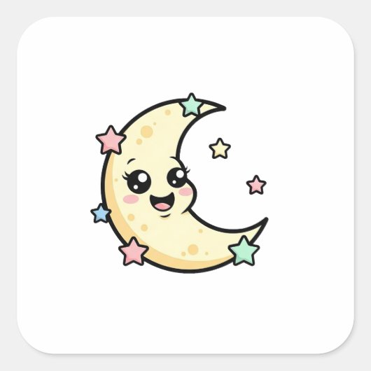 Sticker Carré Smiling Moon – Cute Kawaii Illustration (Devant)