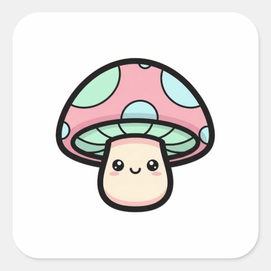 Sticker Carré Smiling Mushroom – Cute Kawaii Illustration (Devant)