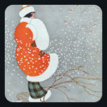 Sticker Carré Snow Buntings - Will Hammell<br><div class="desc">Art Deco vintage illustration of a woman wearing a red fur lined winter coat and hat,  standing in the blowing snow with a cluster of snow buntings flying in front of her. Magazine cover illustration by Will Hammell (1914).</div>