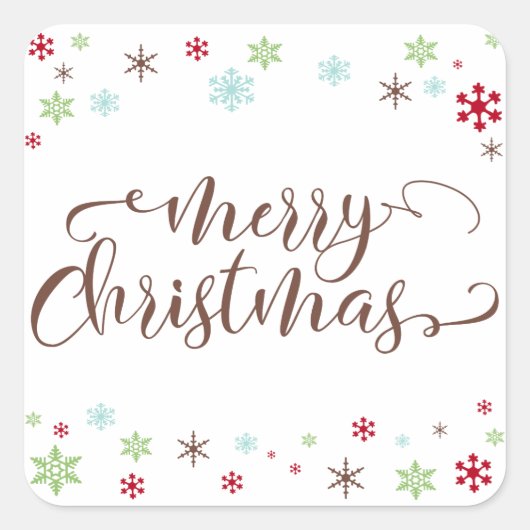 Sticker Carré Snowflake Whimsy Joyeux Noël, Typographie Brown (Devant)
