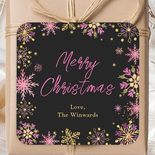 Sticker Carré Snowflakes rose et or Joyeux Noël