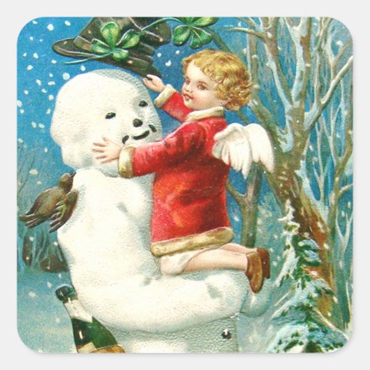 Sticker Carré Snowman Angel Cherub Four Leaf Clocher (Devant)