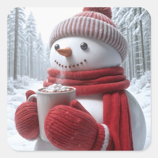 Sticker Carré Snowman Avec Chocolat Chaud (Devant)