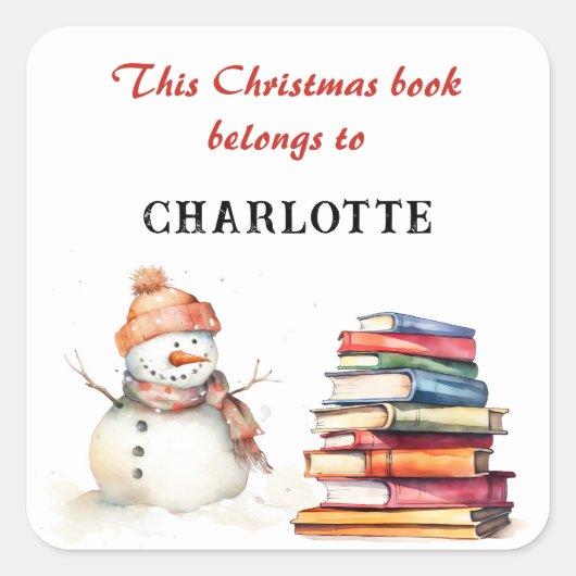 Sticker Carré Snowman Ce Livre De Noël Appartient À Un Nom Perso (Devant)