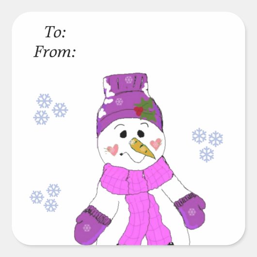 Sticker Carré Snowman en Casquette violet et écharpe (Devant)
