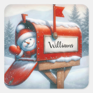 Sticker Carré Snowman En Vacances Boîte Aux Lettres Avec Nom Per