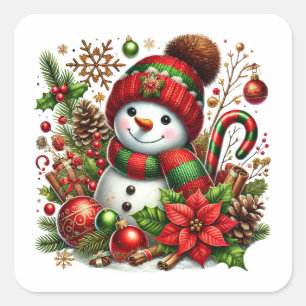 Sticker Carré Snowman Festif En Rouge et Vert