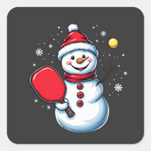 Sticker Carré Snowman Jouer Pickleball Sport Amateur de Noël