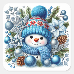 Sticker Carré Snowman mignon couvert de bleu et d'argent