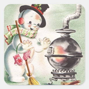 Sticker Carré Snowman vintage Par La Poêle À Bois