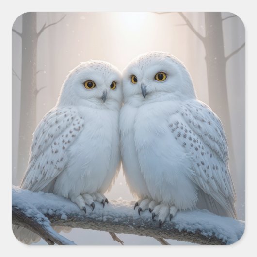 Sticker Carré Snowy Owls On a Winter Branch (Devant)