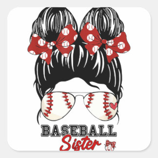 Sticker Carré Soeur De Baseball, Fier Soeur, Messy Bun Baseball