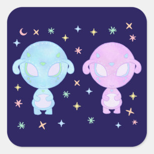 Sticker Carré Sœurs jumelles aliens pastel   Art kawaii cosmique